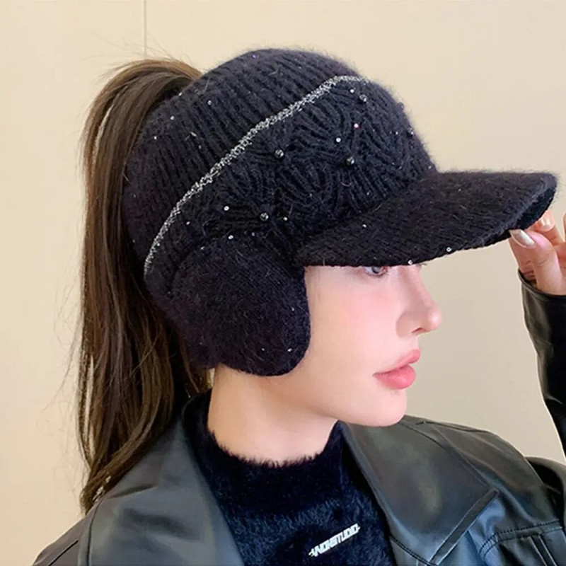 Zimske kape za žene Jednobojne tople naušnice Pletene kape s repićima s praznim vrhom Ženske jesensko-zimske bejzbol kape s biserom