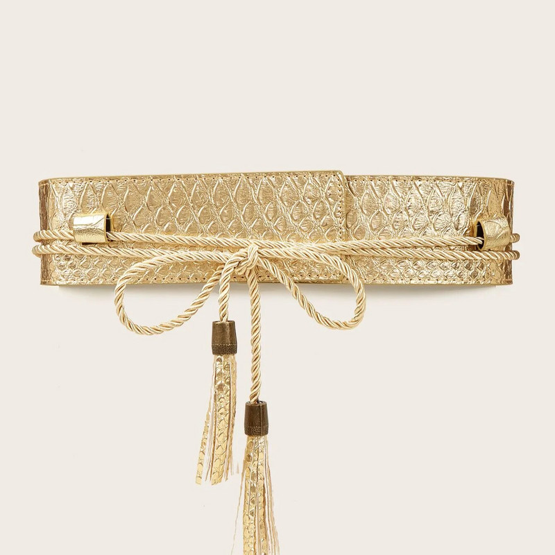 Ženski 6 cm širok remen od užeta od umjetne kože s kravatom ukrašen uzorkom zmijske kože slavnih, korzet pop marke s resicama u 4 boje