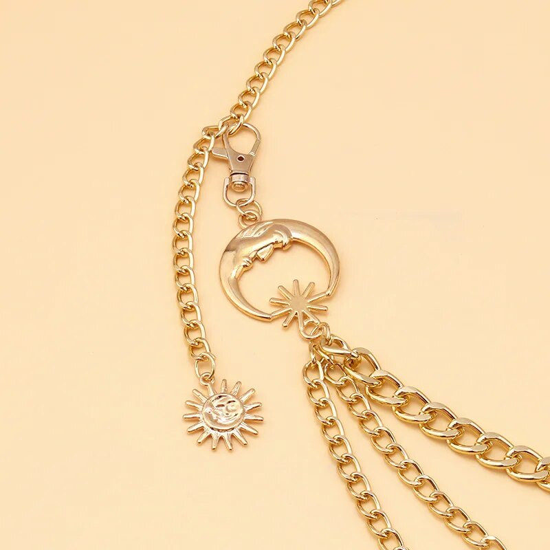 Sieviešu vidukļa ķēdes josta kleitai svārku jostas ar Moon Star ķermeņa jostasvietām Zelta Sudraba Modes Sieviešu ķēdes auduma aksesuāri