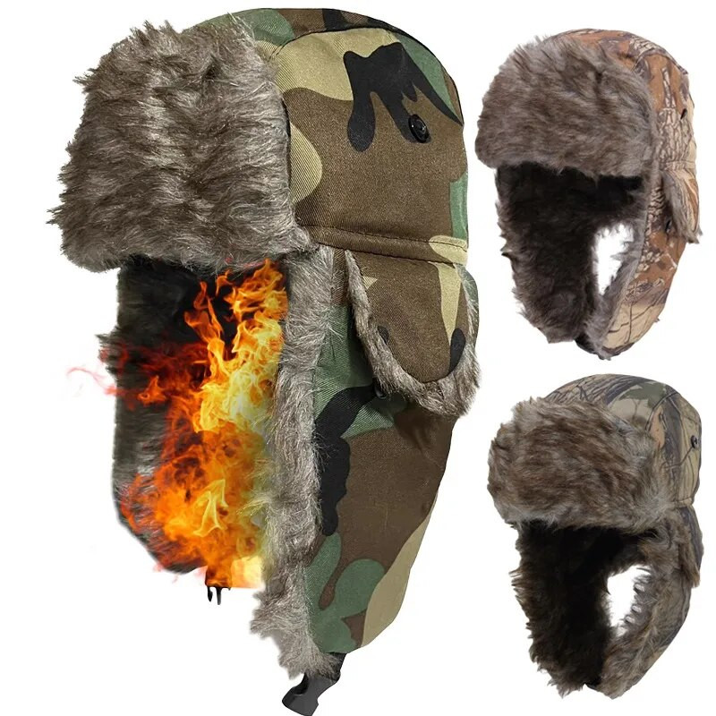 Vīriešu ziemas cepure maskēšanās Aviator Trooper Earflap Silts vāciņš Bomber Cepuris Krievijas āra vēja necaurlaidīgas slēpošanas cepures Ausu aizsargi Cepures