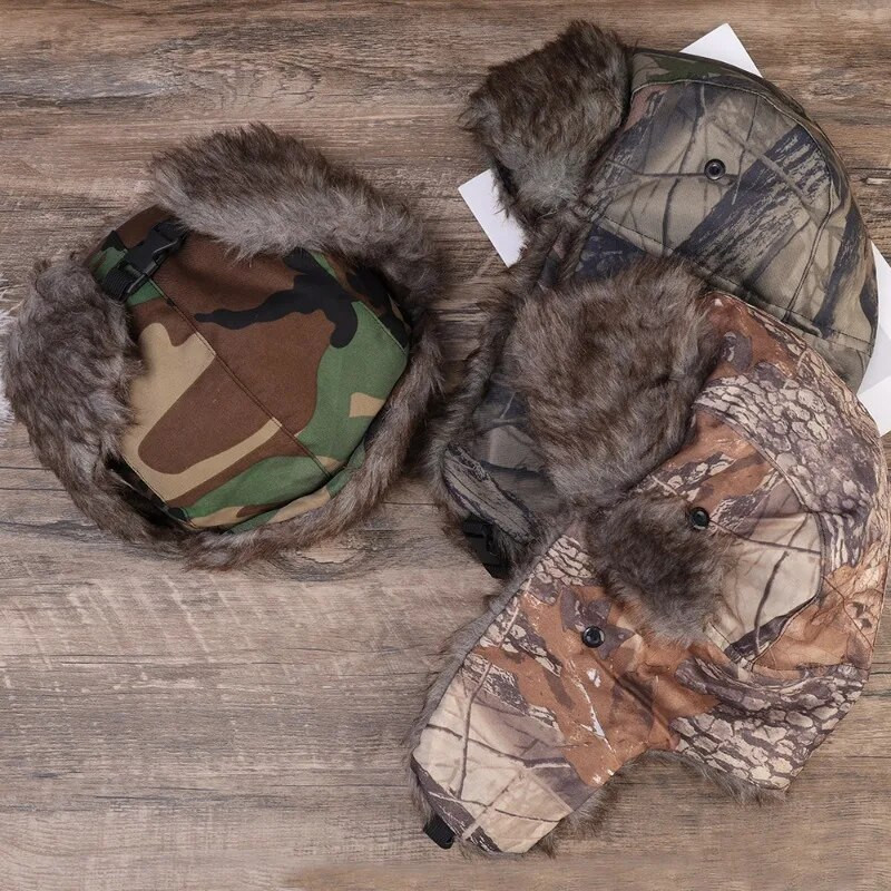 Vīriešu ziemas cepure maskēšanās Aviator Trooper Earflap Silts vāciņš Bomber Cepuris Krievijas āra vēja necaurlaidīgas slēpošanas cepures Ausu aizsargi Cepures