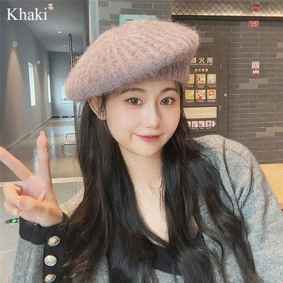 Jesen Zima Pletene šešire s beretkama Ženske jednobojne vintage francuske karirane top vojne kape Usklađena elegantna umjetnička slikarska kapa