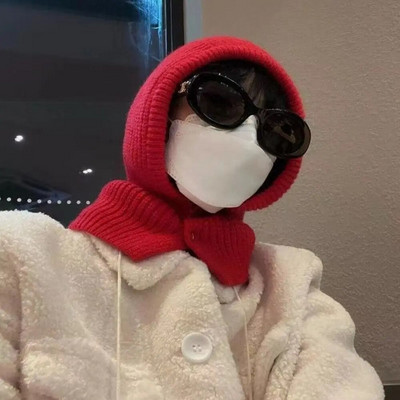 Sieviešu šalles džemperīša cepure vienkrāsaina adīta pulovera pogas Balaclava ziemas āra sporta vēja necaurlaidīga silta cepure Beanie