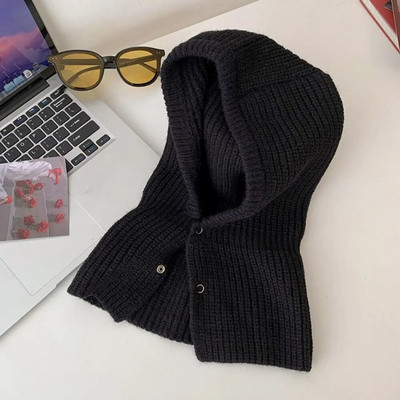 Sieviešu šalles džemperīša cepure vienkrāsaina adīta pulovera pogas Balaclava ziemas āra sporta vēja necaurlaidīga silta cepure Beanie
