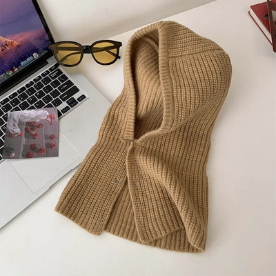 Sieviešu šalles džemperīša cepure vienkrāsaina adīta pulovera pogas Balaclava ziemas āra sporta vēja necaurlaidīga silta cepure Beanie