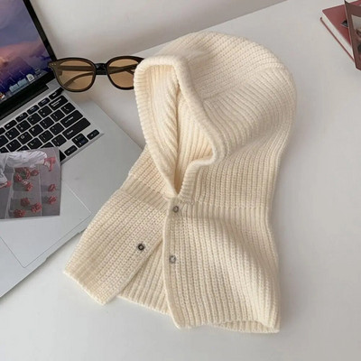 Sieviešu šalles džemperīša cepure vienkrāsaina adīta pulovera pogas Balaclava ziemas āra sporta vēja necaurlaidīga silta cepure Beanie