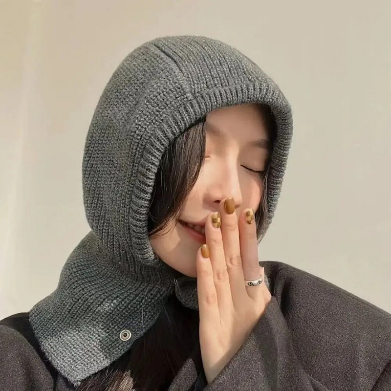 Sieviešu šalles džemperīša cepure vienkrāsaina adīta pulovera pogas Balaclava ziemas āra sporta vēja necaurlaidīga silta cepure Beanie