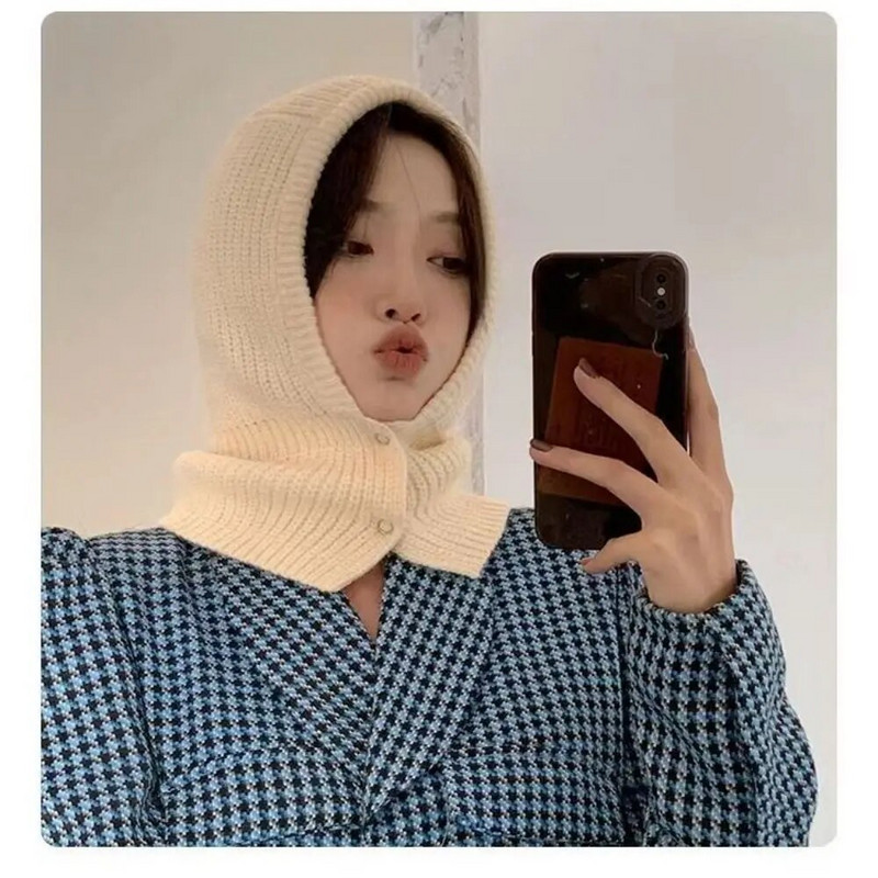 Sieviešu šalles džemperīša cepure vienkrāsaina adīta pulovera pogas Balaclava ziemas āra sporta vēja necaurlaidīga silta cepure Beanie