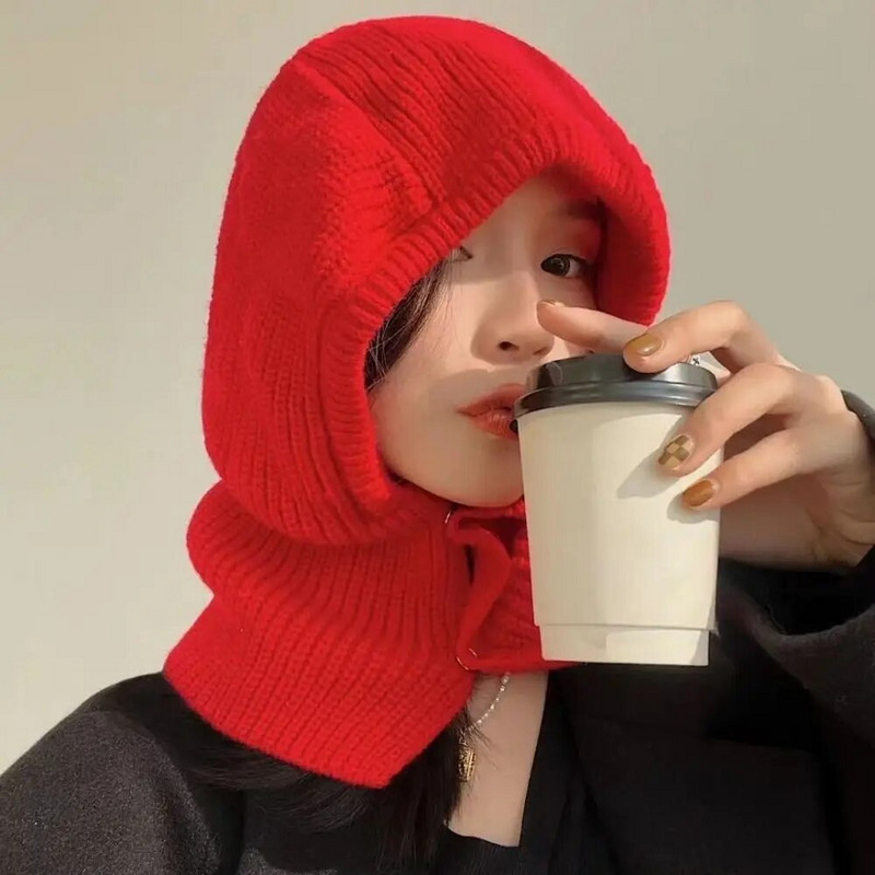 Sieviešu šalles džemperīša cepure vienkrāsaina adīta pulovera pogas Balaclava ziemas āra sporta vēja necaurlaidīga silta cepure Beanie