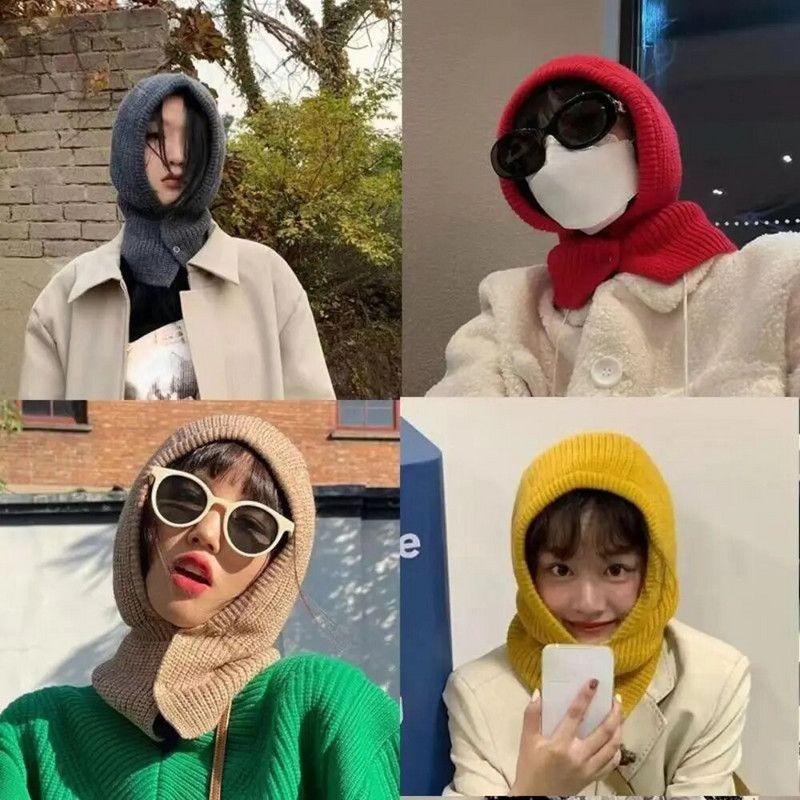 Sieviešu šalles džemperīša cepure vienkrāsaina adīta pulovera pogas Balaclava ziemas āra sporta vēja necaurlaidīga silta cepure Beanie