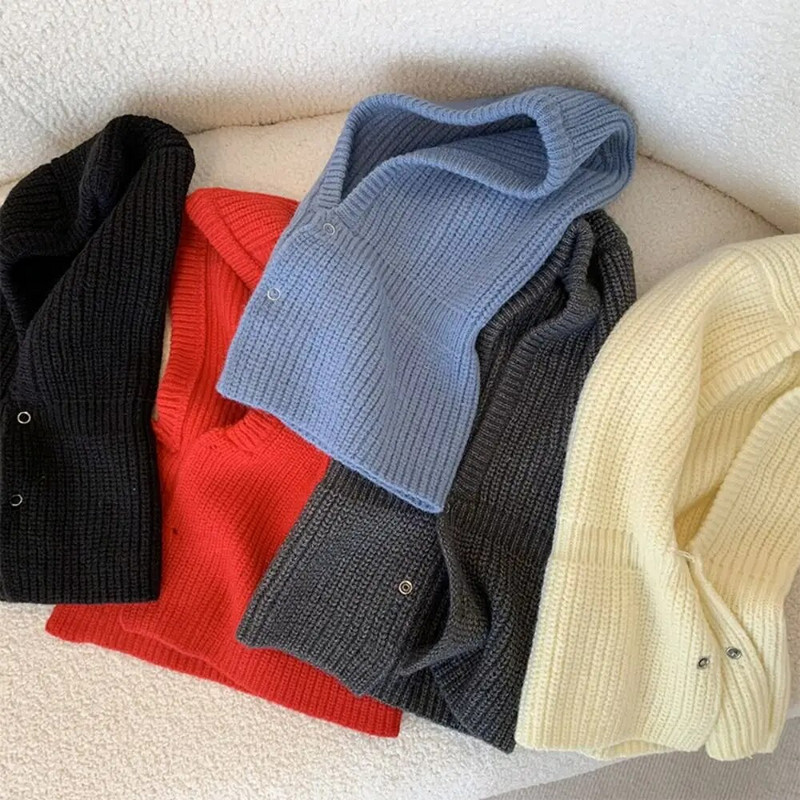 Sieviešu šalles džemperīša cepure vienkrāsaina adīta pulovera pogas Balaclava ziemas āra sporta vēja necaurlaidīga silta cepure Beanie