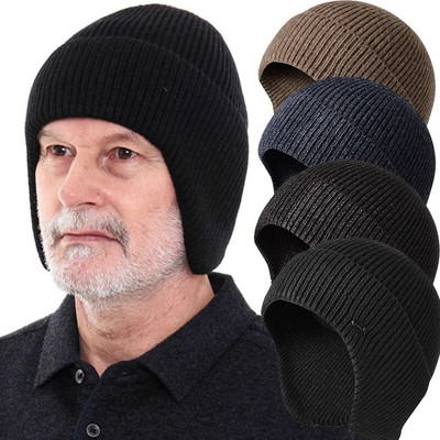 Solid Knitted Hat Winter Imitation Rabbit Fleece Hats for Men Warm Ear Caps Autumn Beanie Hat Men`s Winter Cap