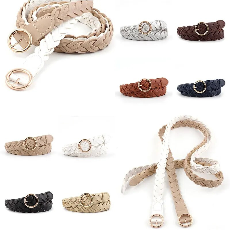 Ženski pleteni pojasevi od jednobojne PU kože od pletenice od 110 cm, ukrasni tanki remen oko struka, okrugla zlatna kopča, pojas za traperice