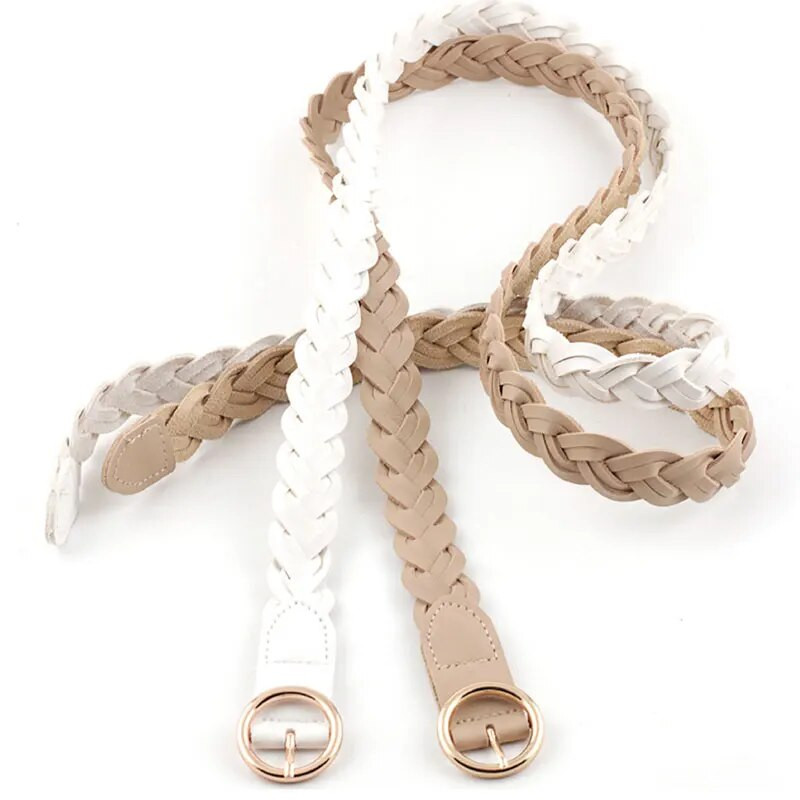 Ženski pleteni pojasevi od jednobojne PU kože od pletenice od 110 cm, ukrasni tanki remen oko struka, okrugla zlatna kopča, pojas za traperice