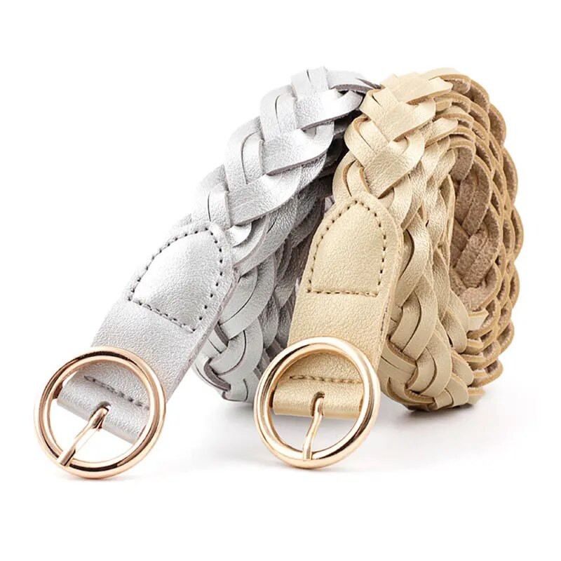 Ženski pleteni pojasevi od jednobojne PU kože od pletenice od 110 cm, ukrasni tanki remen oko struka, okrugla zlatna kopča, pojas za traperice