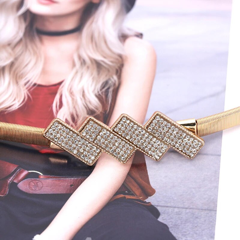 Novi srebrno-zlatni metalni remen s dvostrukim prstenom koji oponaša vještački dijamant ženski pojas za struk Haljina odijela Elastični tanki uski ženski pojasevi pojas