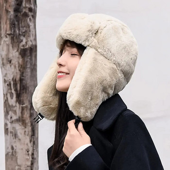 Зимна удебелена топла шапка Руски шапки Корейска мода пилотски шапки с ушанка за жени Мъже Тенденция бомбардировач Шапка с кожа Регулируема шапка