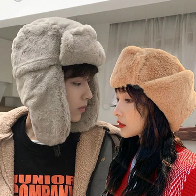 Zimske zadebljane tople kape s ruskom kapom Korejske modne pilotske kape s naušnicama za žene i muškarce Trendova bombaška krznena kapa s podesivom kapom