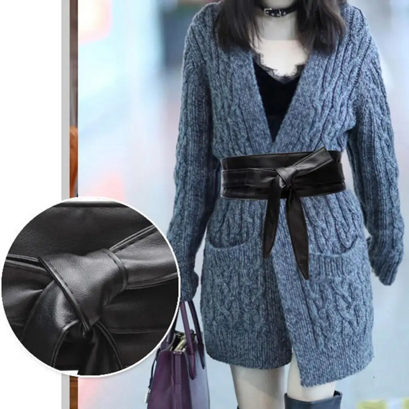 Moteriškas suvarstomas diržas Elegantiškas lanko diržas ilgas juodas minkštas odinis platus juosmuo Bowknot Cummerbund kaklaraiščiai Peteliškės moteriškos suknelės dekoravimas