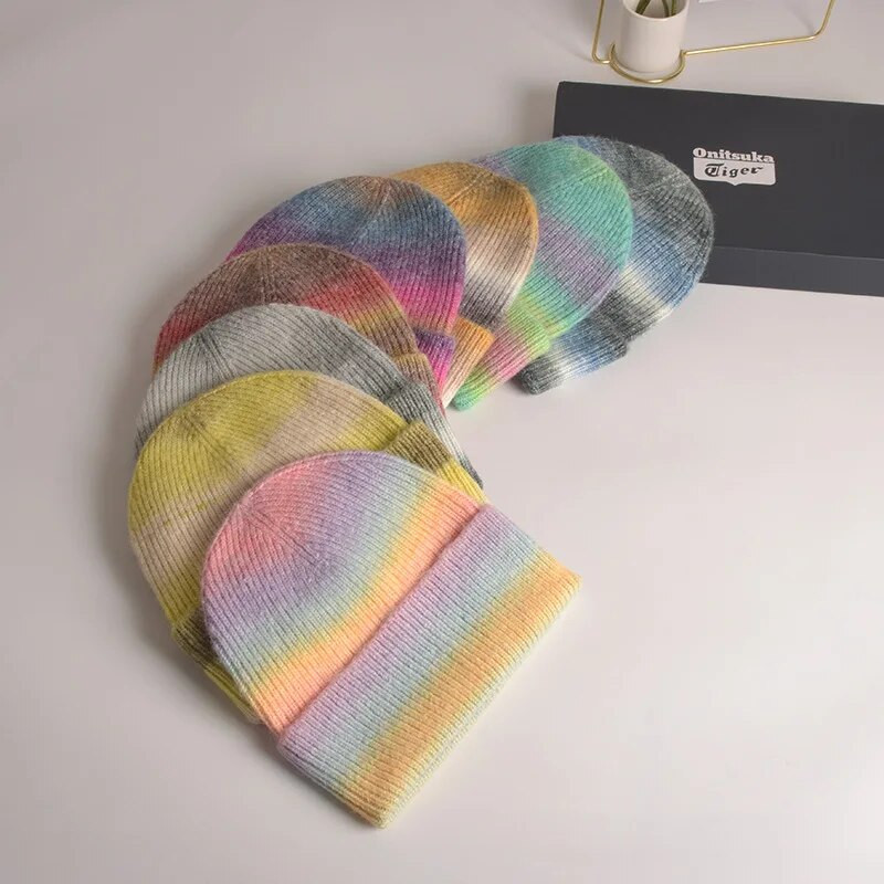 Zimske kape za žene Vunena pletena kapa s velikom glavom Rainbow Gradient Boja Tople kape za dječake Djevojčice na otvorenom otporne na vjetar Gorra Mujer