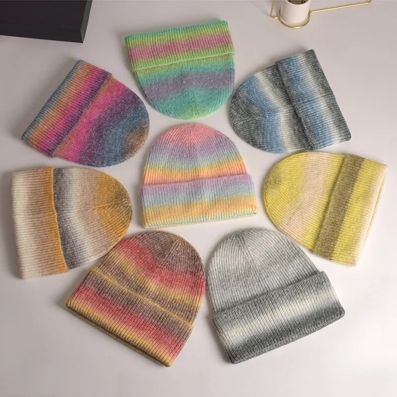 Zimske kape za žene Vunena pletena kapa s velikom glavom Rainbow Gradient Boja Tople kape za dječake Djevojčice na otvorenom otporne na vjetar Gorra Mujer