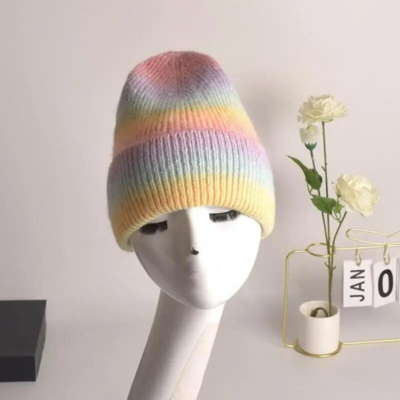 Zimske kape za žene Vunena pletena kapa s velikom glavom Rainbow Gradient Boja Tople kape za dječake Djevojčice na otvorenom otporne na vjetar Gorra Mujer
