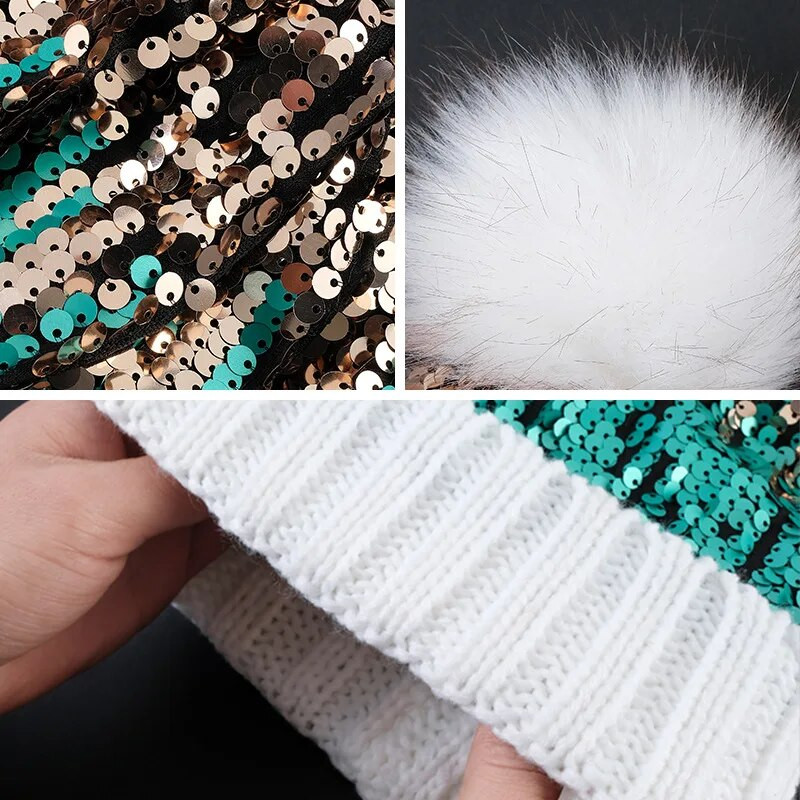 Zimska debela ženska pletena loptica sa šljokicama Jesenska sjajna blistava kapa s lubanjom Modna ležerna kapa za van, topla ženska kapa