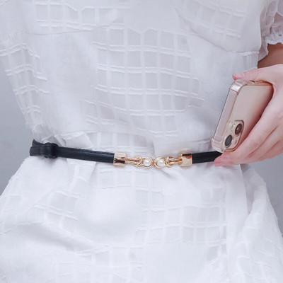 Modes plānas jostas sievietēm Vintage regulējama kleita Pērļu josta šaurs mētelis vidukļa josta metāla āķa sprādze Dizainera jostasvieta