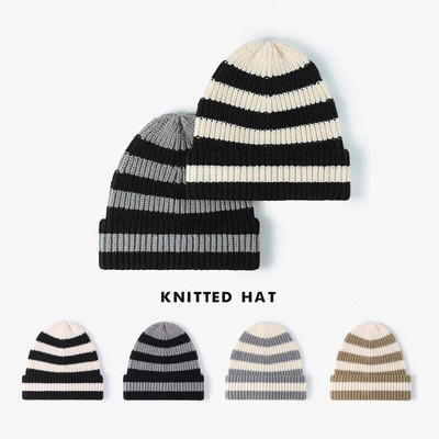 Winter Stripe Beanies Γυναικείες Κορεάτικες στυλ Vintage Καυτά Ζεστά μαλακά κρανία ασπρόμαυρα Μοντέρνα φθινοπωρινά καπέλα για γυναίκες