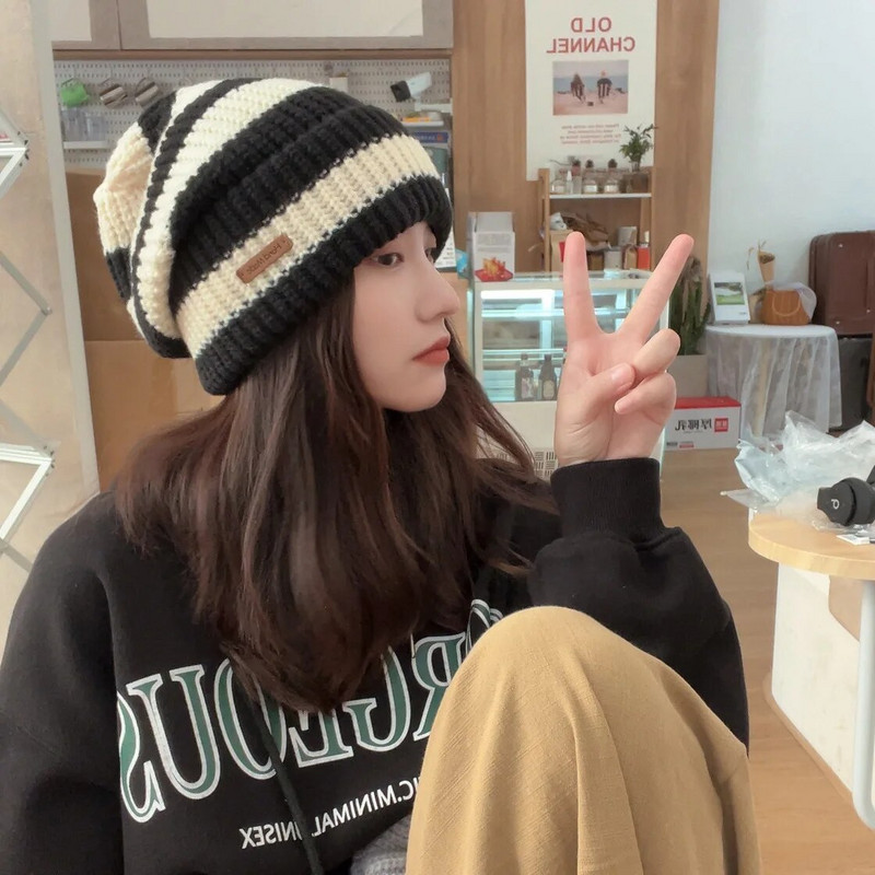 Talvine paksu lõnga nõel triibuline kootud müts peavöö nägu väike vabaaja päevasüsteem kõik sobivad villase karva mütsiga