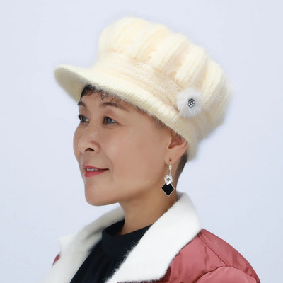 Cepures pusmūža un vecāka gadagājuma cilvēkiem ar malām berete Ziemas siltas biezas masīvas trikotāžas cepures Vecmāmiņas cepures modes sievietēm