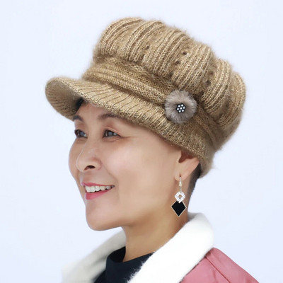 Cepures pusmūža un vecāka gadagājuma cilvēkiem ar malām berete Ziemas siltas biezas masīvas trikotāžas cepures Vecmāmiņas cepures modes sievietēm