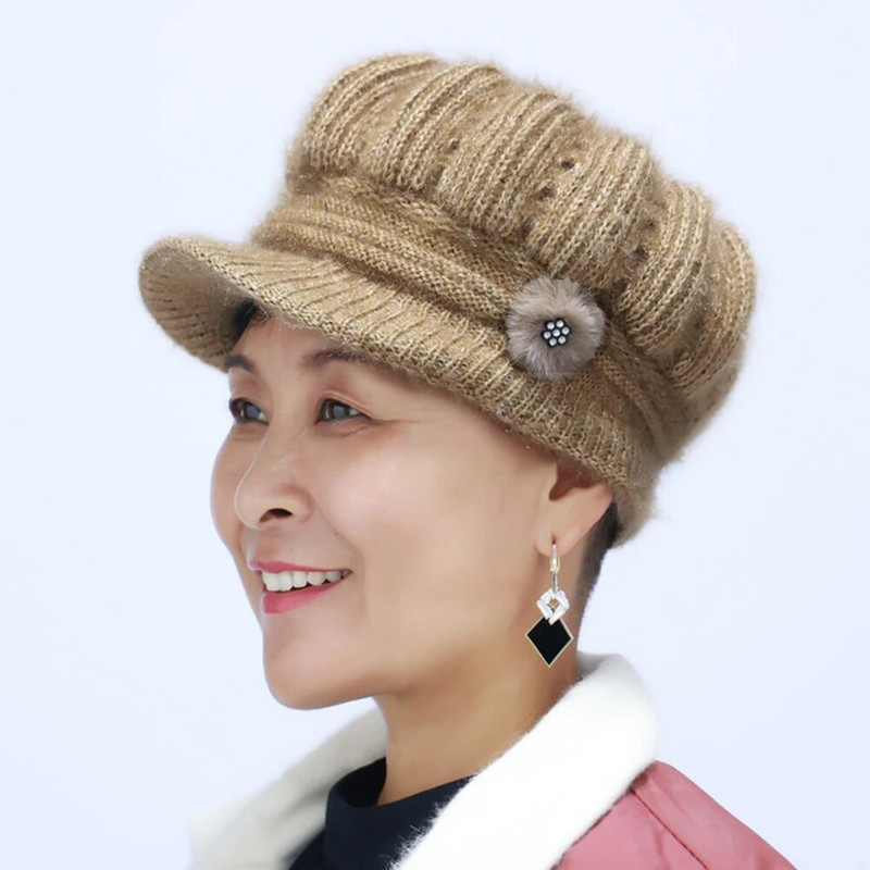 Cepures pusmūža un vecāka gadagājuma cilvēkiem ar malām berete Ziemas siltas biezas masīvas trikotāžas cepures Vecmāmiņas cepures modes sievietēm