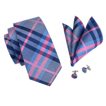 Ανδρική γραβάτα Luxury 8,5cm φαρδιά μπλε μωβ καρό μεταξωτή γραβάτα γάμου Τσέπη τετράγωνο σετ μανικετόκουμπα καρφίτσα Δώρο για άνδρες Σχεδιαστής γραβάτα