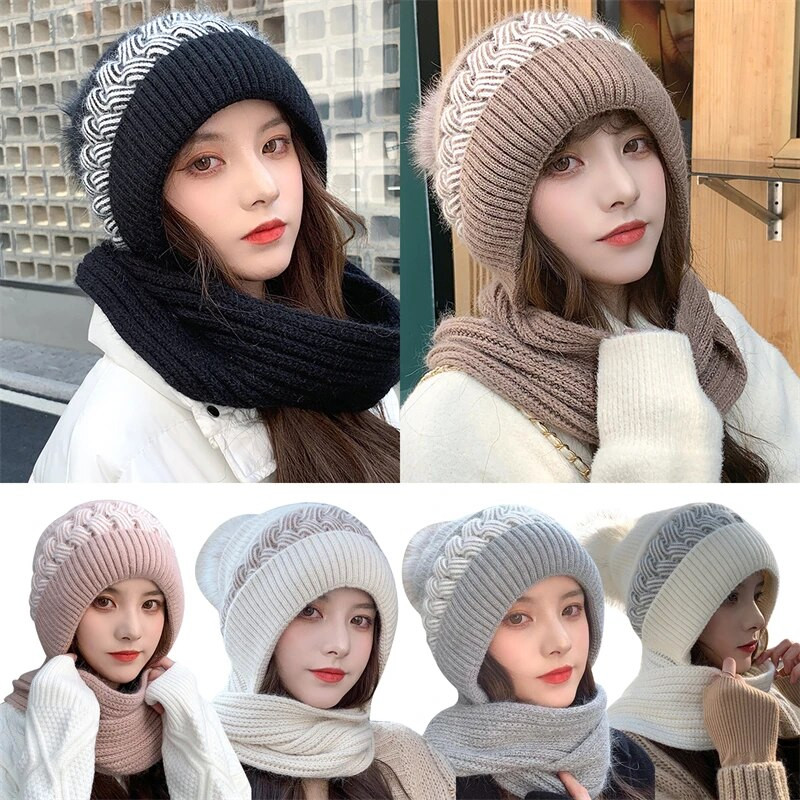 Ženska zimska pletena topla kapa, šal, topla prozračna mješavina zečje dlake, pletena kapa, šal za žene, dvoslojne zaštitne kape