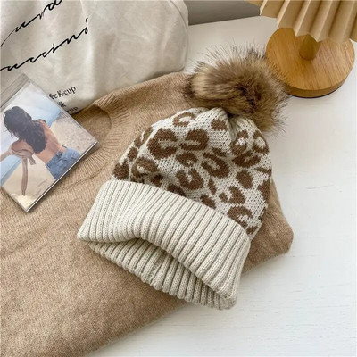 Leopard pletene kape za muškarce Žene Jesen Zima Beanie šeširi Zimska kapa na otvorenom Zimska kapa Deblje tople kape Dječaci Djevojčice Trendy Pom Pom šešir