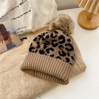 Leopard pletene kape za muškarce Žene Jesen Zima Beanie šeširi Zimska kapa na otvorenom Zimska kapa Deblje tople kape Dječaci Djevojčice Trendy Pom Pom šešir