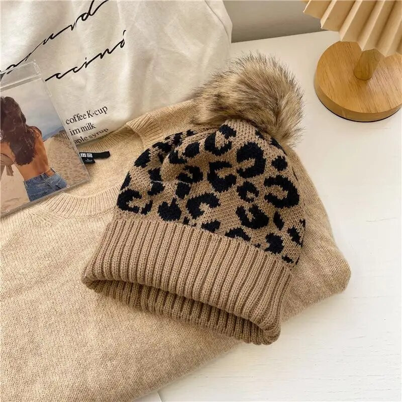 Leopard pletene kape za muškarce Žene Jesen Zima Beanie šeširi Zimska kapa na otvorenom Zimska kapa Deblje tople kape Dječaci Djevojčice Trendy Pom Pom šešir