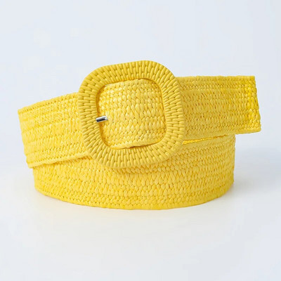 Vintage pleteni remen oko struka Ljetni jednobojni ženski remen okrugla drvena kopča Lažni slamnati široki elastični pojasevi za žene