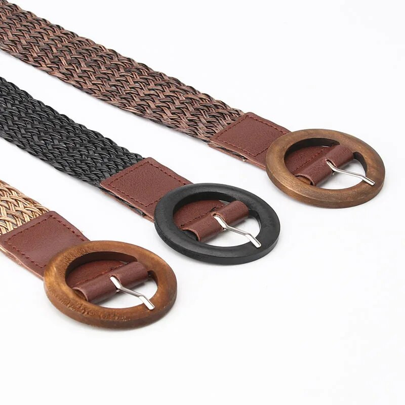 Vintage pleteni remen oko struka Ljetni jednobojni ženski remen okrugla drvena kopča Lažni slamnati široki elastični pojasevi za žene