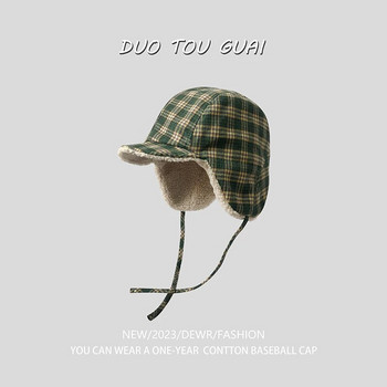 Ретро британска карирана летяща шапка за мъже Есен и зима Топла ветроустойчива защита на ушите Ски шапка Сладки бомбардировъчни шапки с връзки Дамски