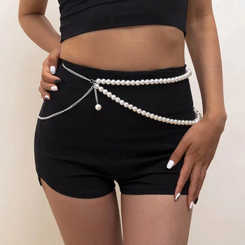 Σέξι γεωμετρική μαργαριταρένια αλυσίδα μέσης για γυναίκες Ζώνη με χάντρες διπλής στρώσης Ζώνη με αλυσίδα Streetwear Καλοκαιρινή μόδα κοσμήματα σώματος