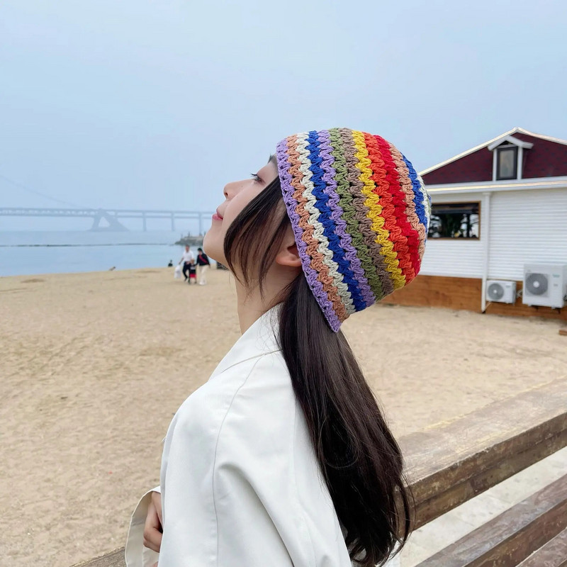 2022-es új, kézzel szőtt, retro szivárványos horog virág sapka női divat varrás, légáteresztő kupola nyári halász sapka