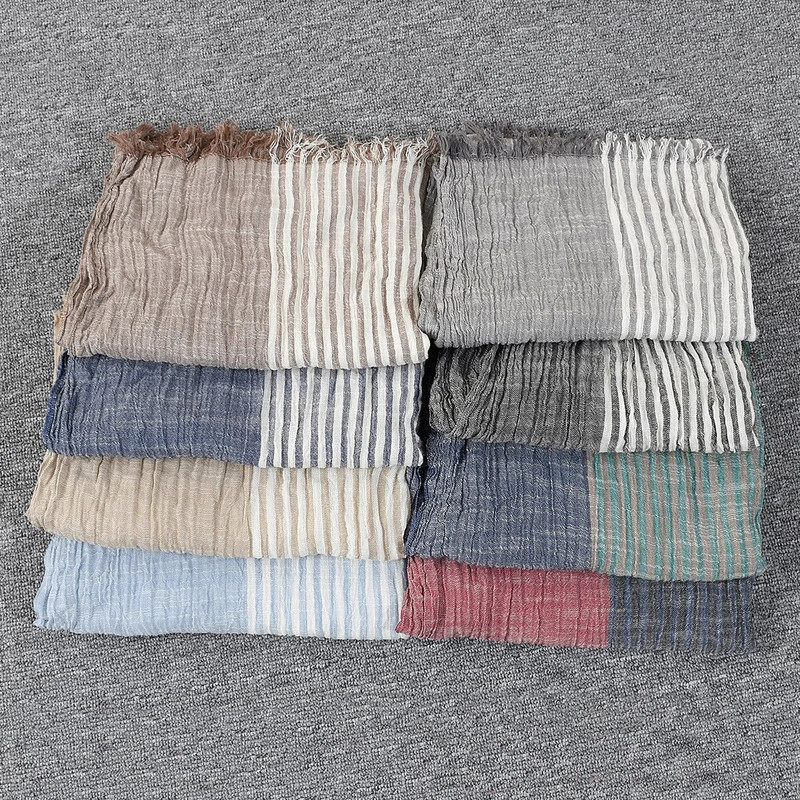 Eșarfă cu dungi subțiri de primăvară și vară, țesut de culori contrastante moale, șaluri vintage șifonate, eșarfă pentru bărbați