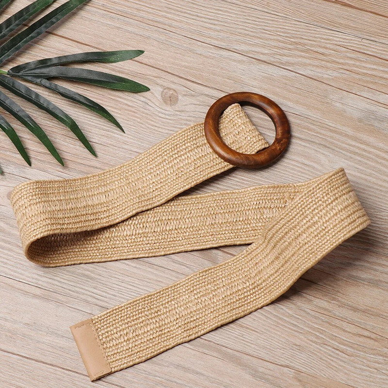 Ženska ležerna široka okrugla drvena kopča Slamnati remen PP slamnati modni elastični lanac u struku Haljina Remen Košulja Nakit za tijelo Ogrlica