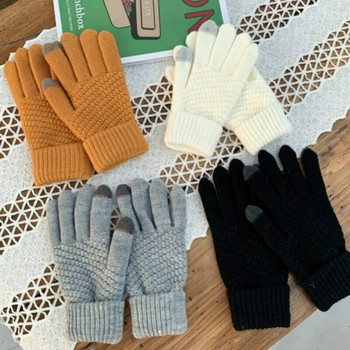 Зимни ръкавици със сензорен екран Жени Мъже Топли еластични плетени ръкавици Имитация на вълна Пълен пръст Guantes Женски плетени на една кука Luvas Thicken