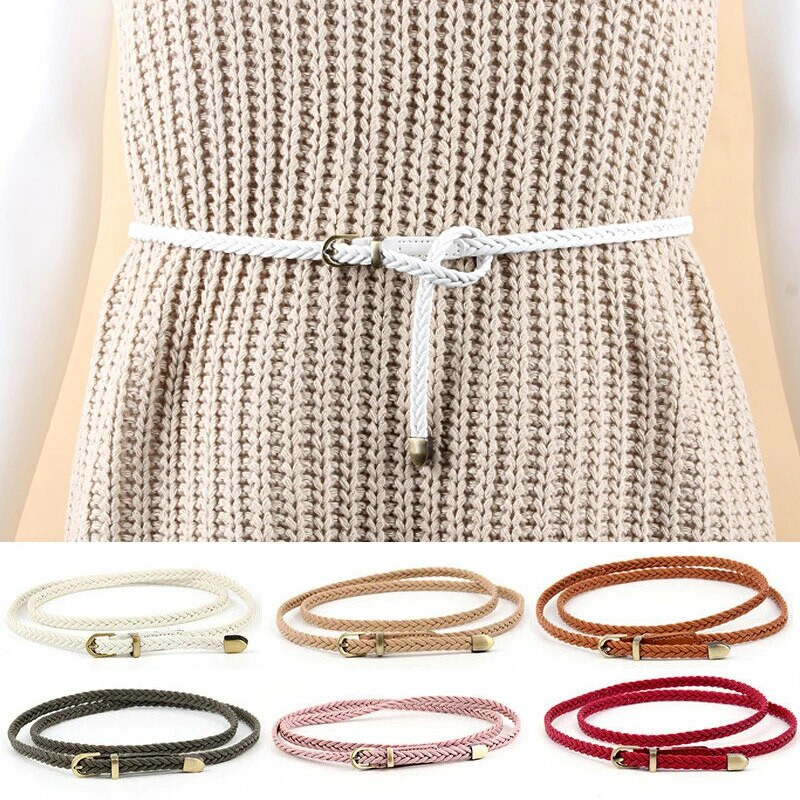 Akciós kiárusítás Kiváló minőségű fonott bőröv, női vékony deréköv, női PU bőr szíj csatcsat Női ruha keskeny övek