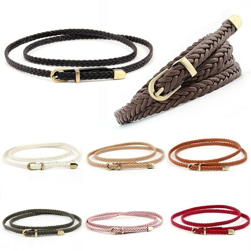 Akciós kiárusítás Kiváló minőségű fonott bőröv, női vékony deréköv, női PU bőr szíj csatcsat Női ruha keskeny övek