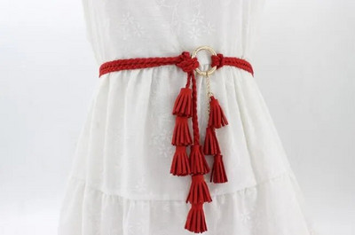 Modni ženski jednobojni pleteni remen s resicama 2020. Nove boho djevojke s tankim strukom, pleteni pojasevi za haljine, pojasevi, dodaci