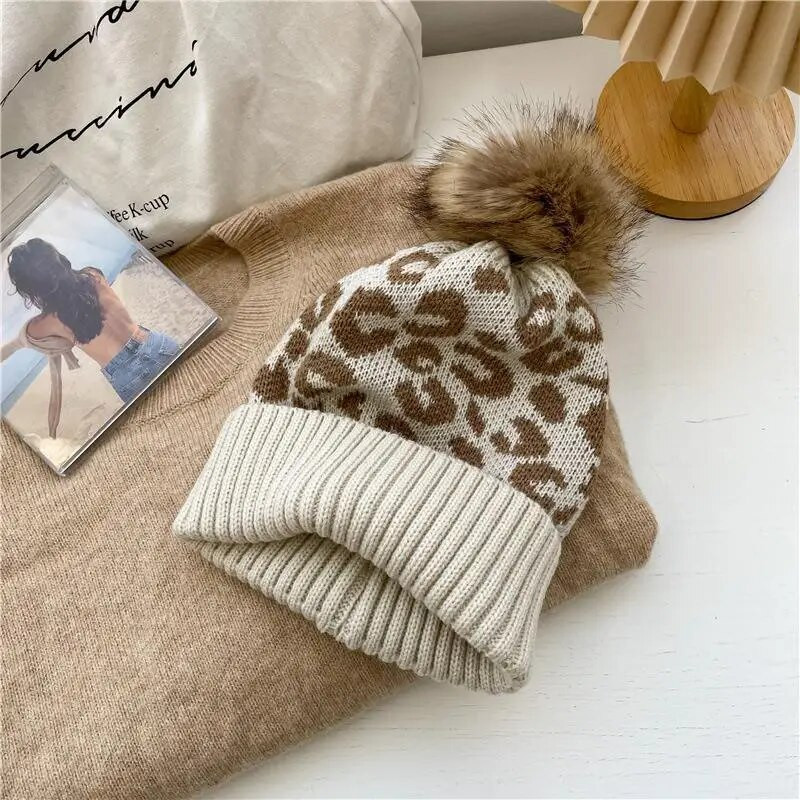 Ziemas Leoparda Trikotāžas Cepures Sievietēm Vīriešu Modes Mākslīgās kažokādas Pom Beanie Cepure Āra Bieza Silta Motora pārsega adīta Cepure Slēpošanas cepures Chapeau